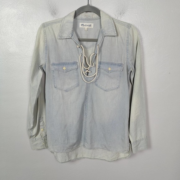 Madewell Tops - Madewell Chambray Top Women's XS Light Wash Lace Up Neckline Pockets